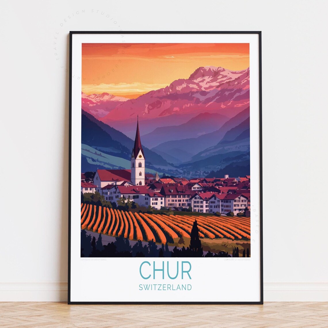Chur Switzerland Golden Vineyard Rows Sunset Village Church Poster