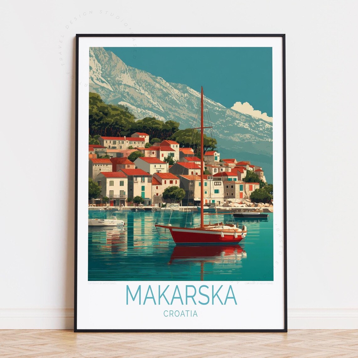 Makarska Croatia Red Sailboat Seaside Town Harbor Travel Poster