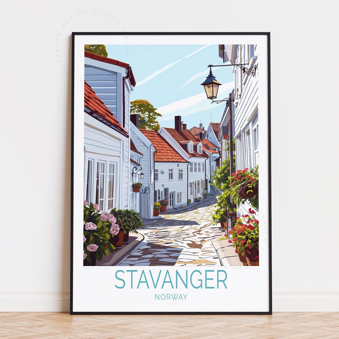 Stavanger Norway Quaint Alley Lamps Flower Pots Travel Poster