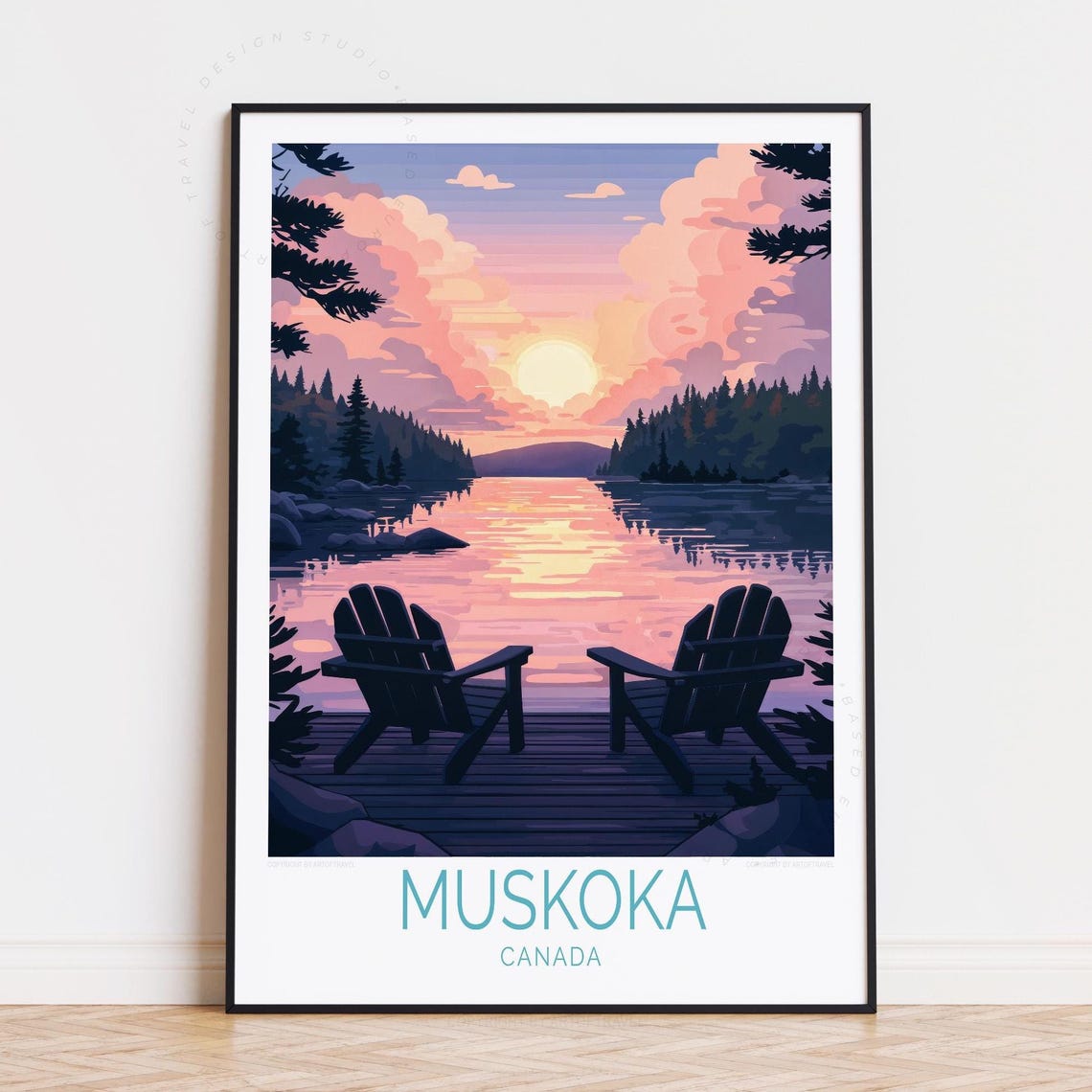 Muskoka Canada Sunset Lake Dock Adirondack Chairs Travel Poster