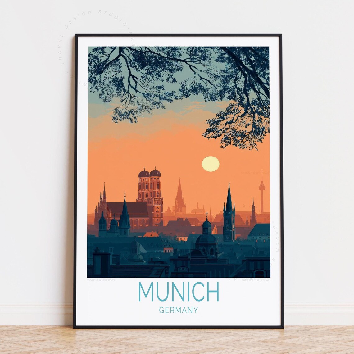 Munich Germany Sunset Church Spires Skyline Vintage Travel Poster