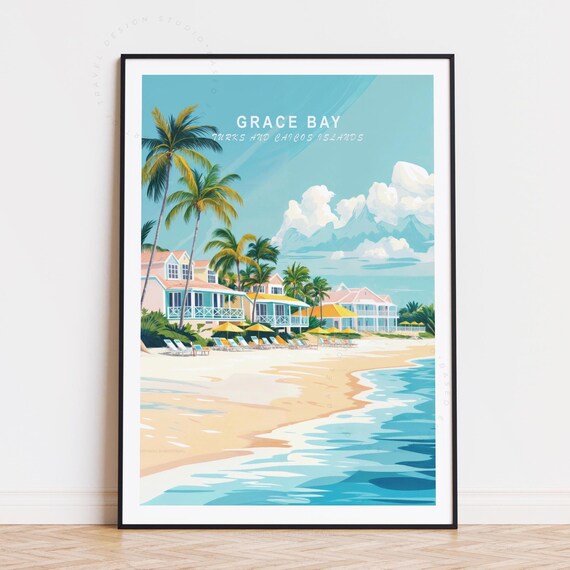 Grace Bay Turks Caicos Umbrella Lounge Chairs Shore Travel Poster