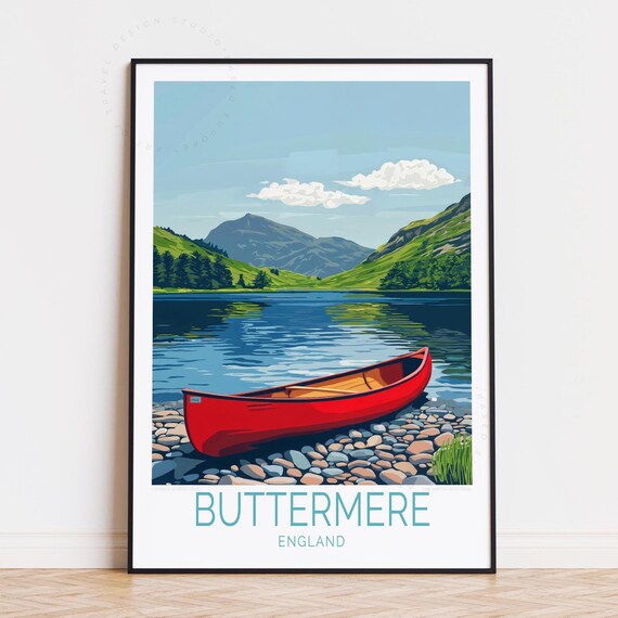 Buttermere England Red Canoe by the Lake Under Green Fells Poster