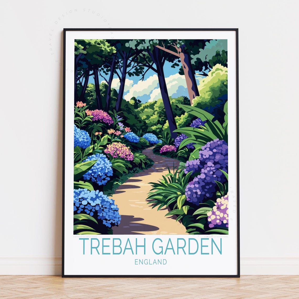 Trebah Garden England Vintage Travel Poster With Hydrangea Walk Path