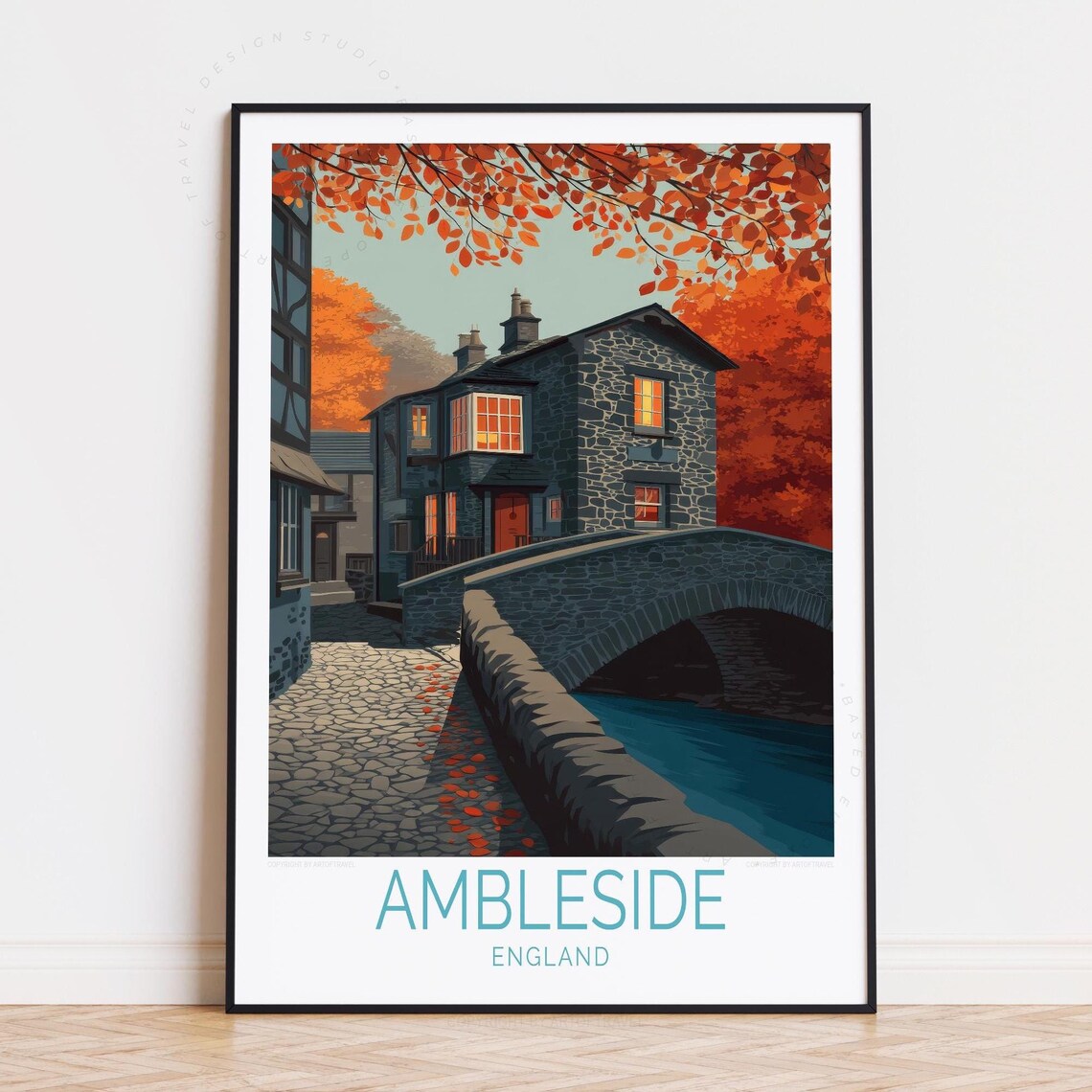 Ambleside England Cobblestone Bridge Autumn Cottages Travel Poster