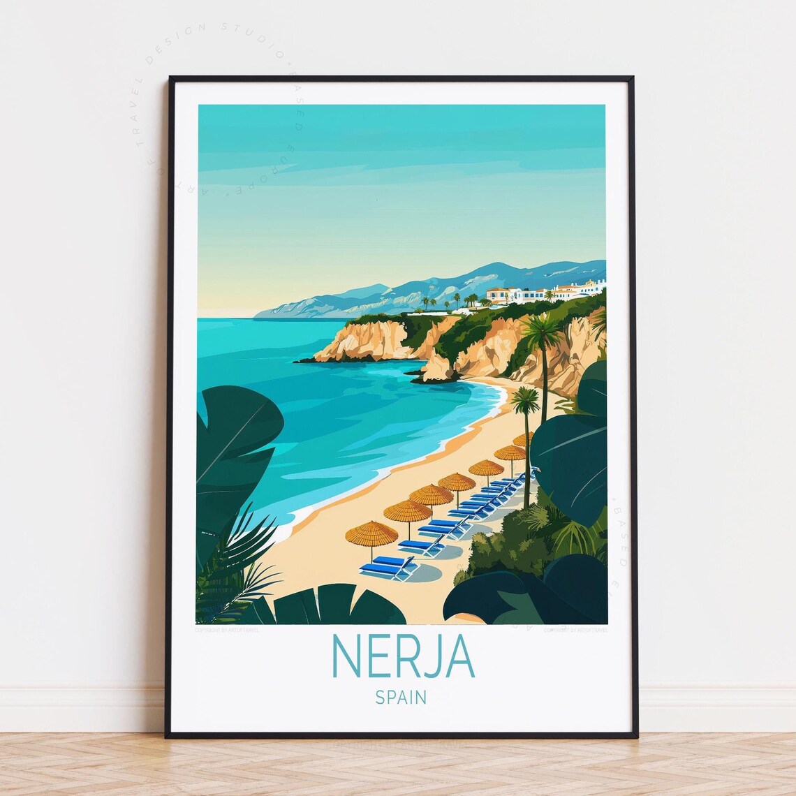 Nerja Spain Sandy Cove Blue Sea Cliff Palm Leaf Travel Poster