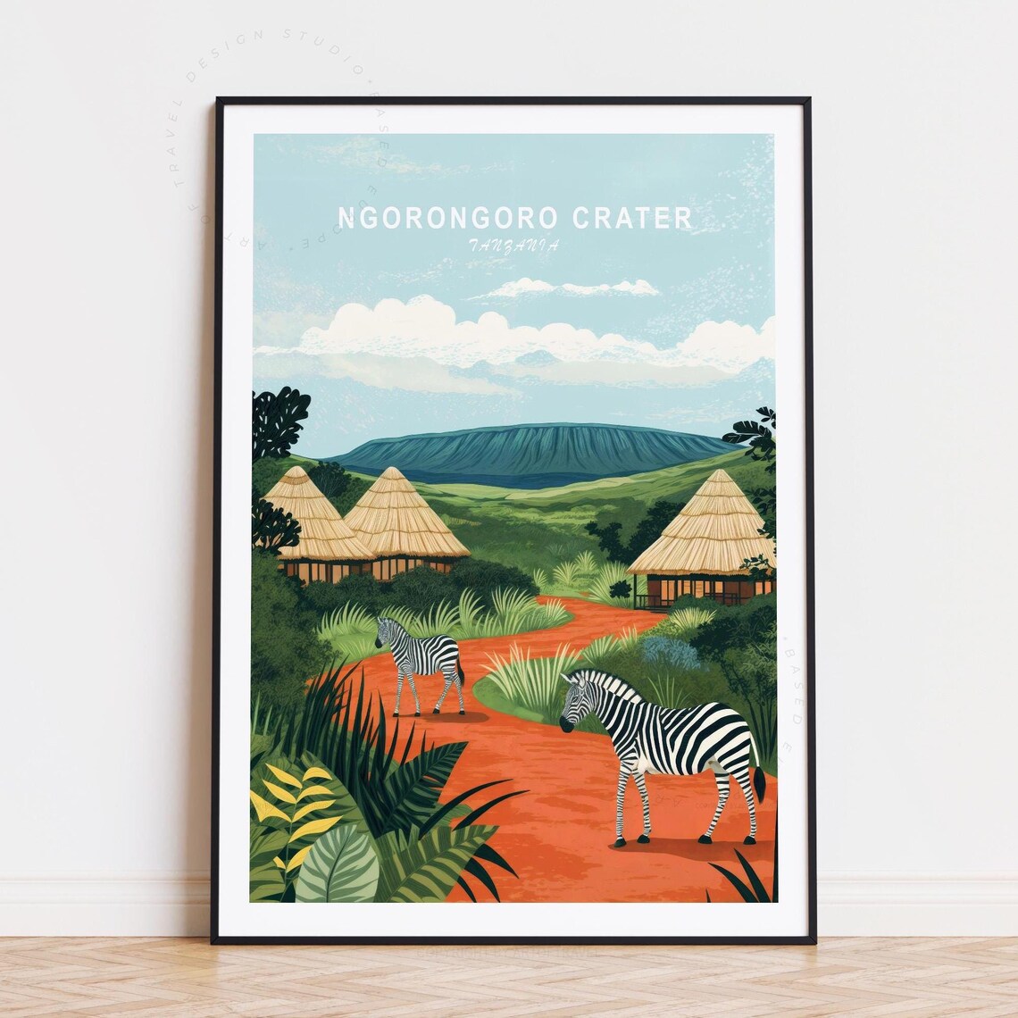Ngorongoro Crater Tanzania Zebras Safari Landscape Vintage Art Poster