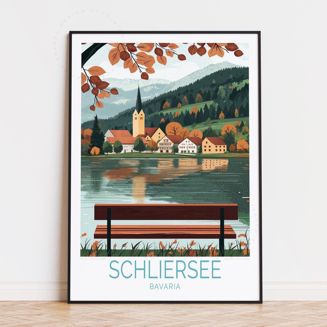 Schliersee Bavaria Travel Poster Autumn Lake Bench And Village