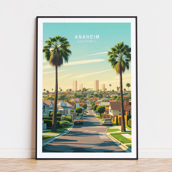 Anaheim California Palm Tree Street Suburban Skyline Travel Poster