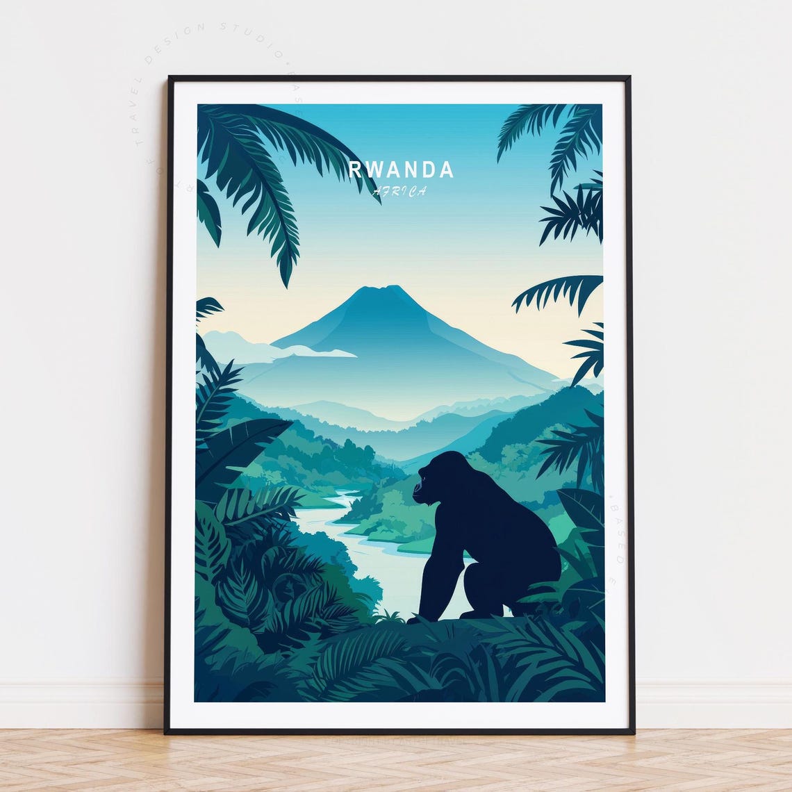 Rwanda Africa Gorilla Misty Volcano Jungle Canopy Retro Poster