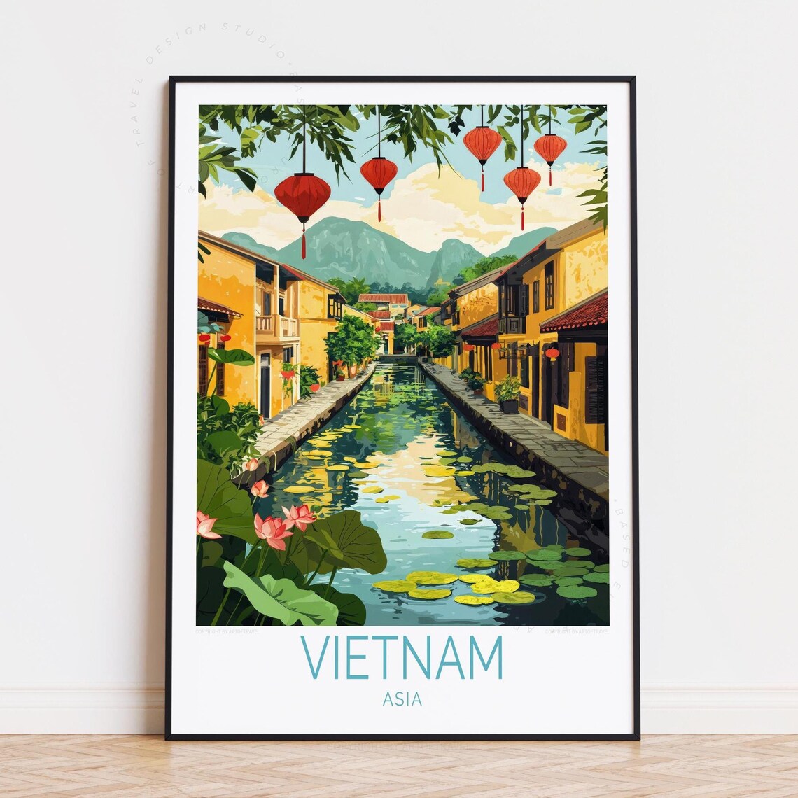 Vietnam Asia Lantern Canal Yellow Houses Lotus Flowers Old Town Poster