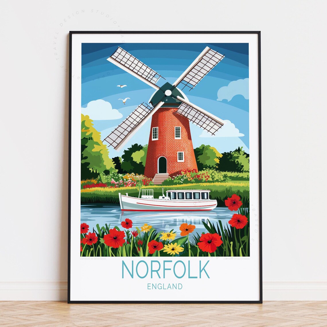 Norfolk England Red Brick Windmill Boat River Poppies Travel Poster