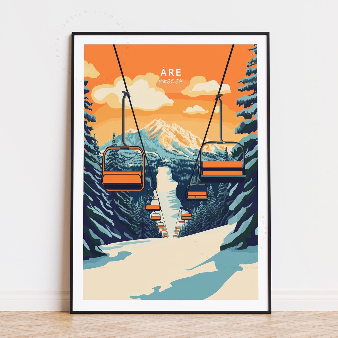 Are Sweden Ski Resort Chairlift Sunset Snowy Alps Travel Poster