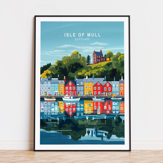 Isle of Mull Scotland Travel Poster Colorful Tobermory Harbor Art