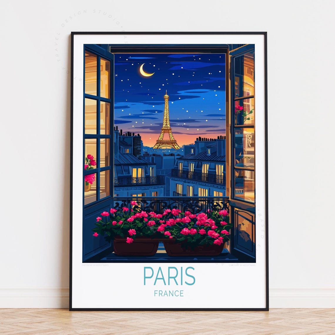 Paris France Eiffel Tower Night Geranium Balcony Travel Poster