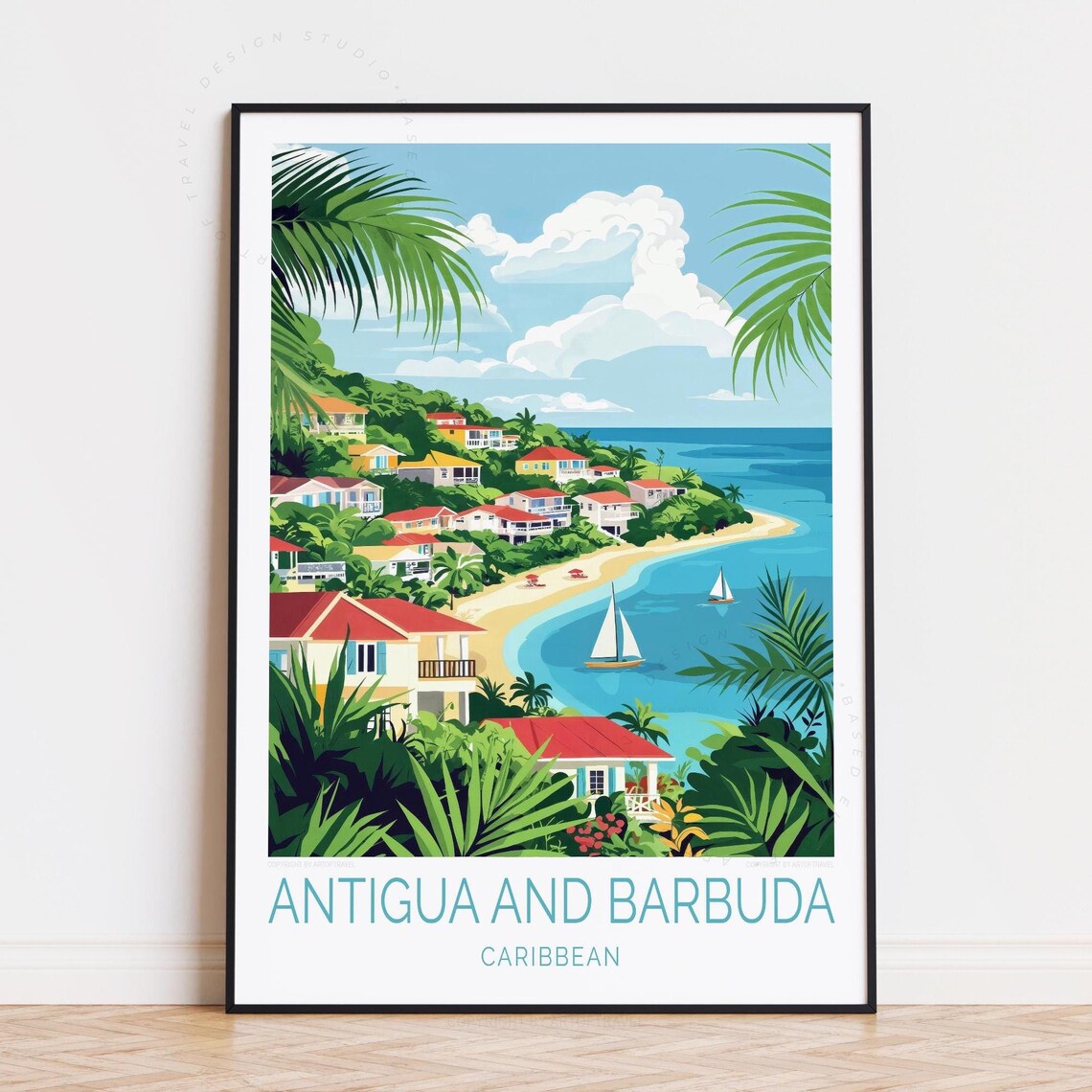 Antigua and Barbuda Tropical Bay Sailboats Hills Travel Poster