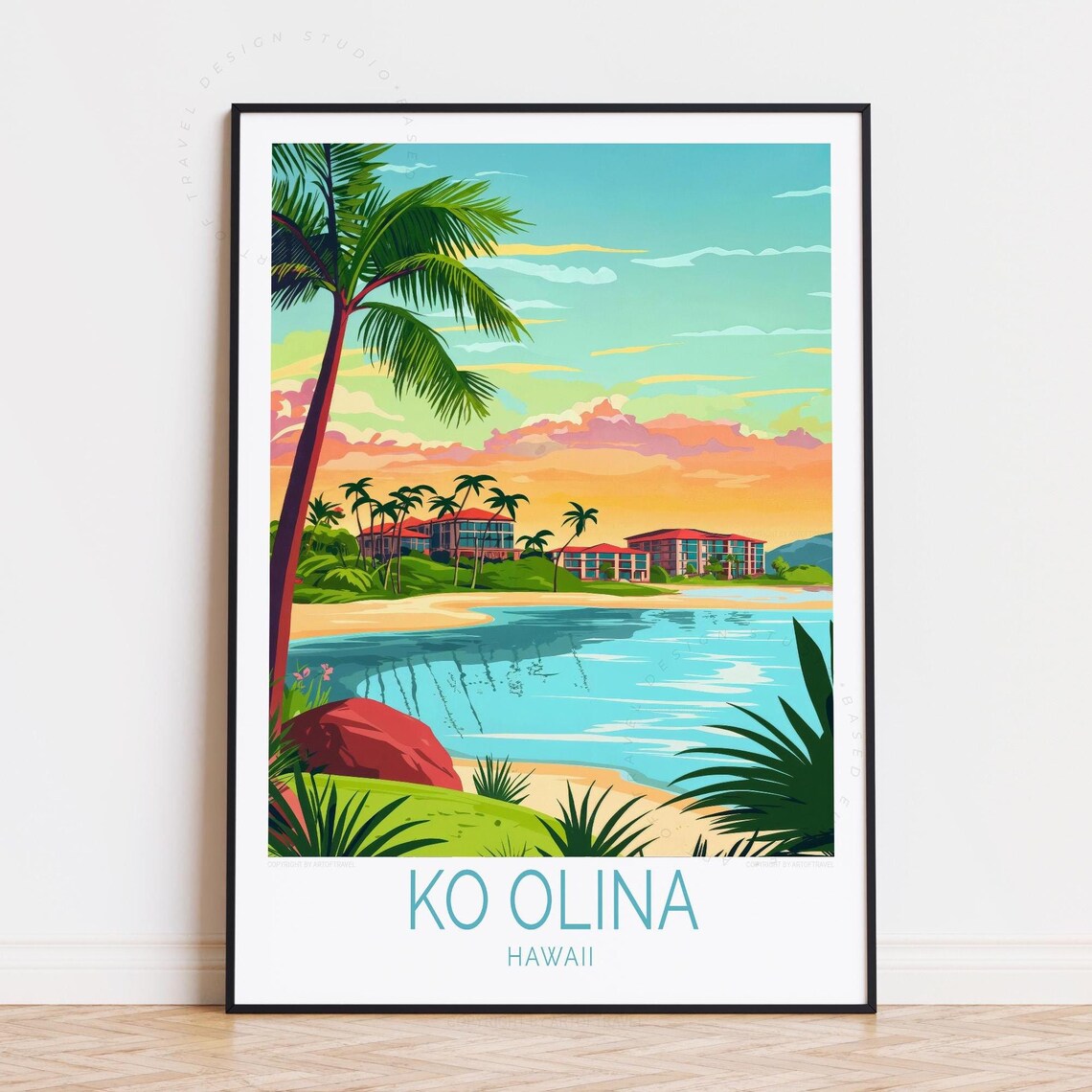 Ko Olina Hawaii Palm Trees Sunset Bay Resort Beach Travel Poster