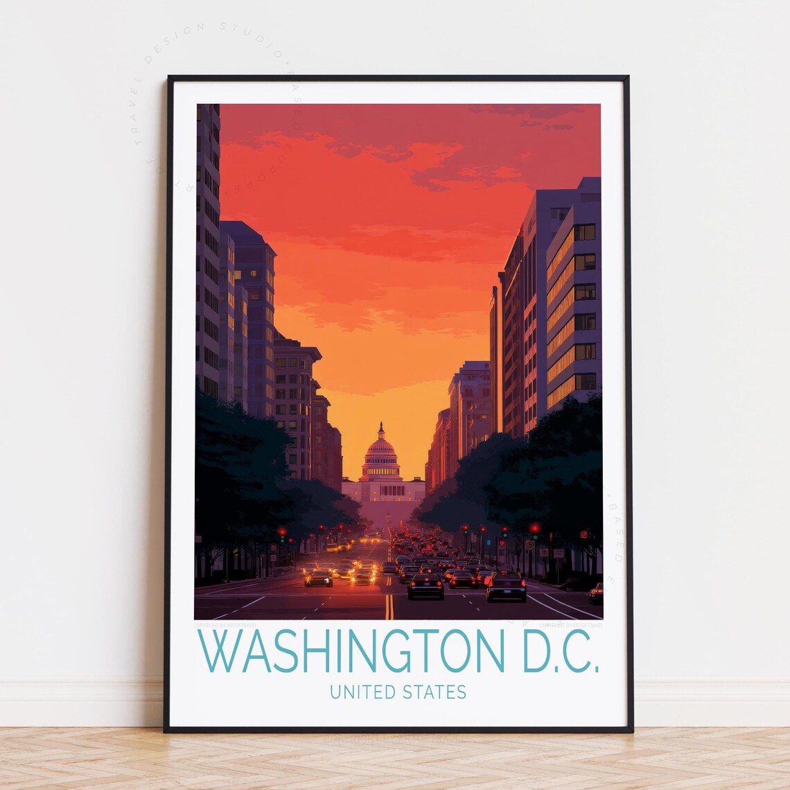 Vintage Washington DC Capitol Dome Sunset Boulevard Travel Poster