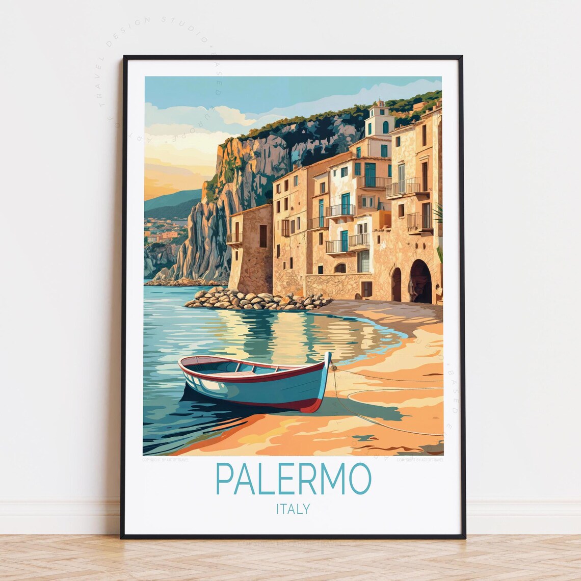 Palermo Italy Cliffside Village Sandy Cove Rowboat Travel Art Poster