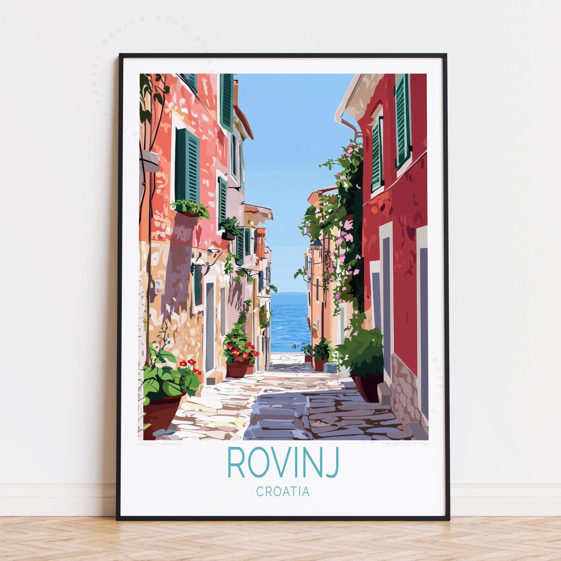 Rovinj Croatia Sunlit Alley Potted Flowers Stone Street Travel Poster