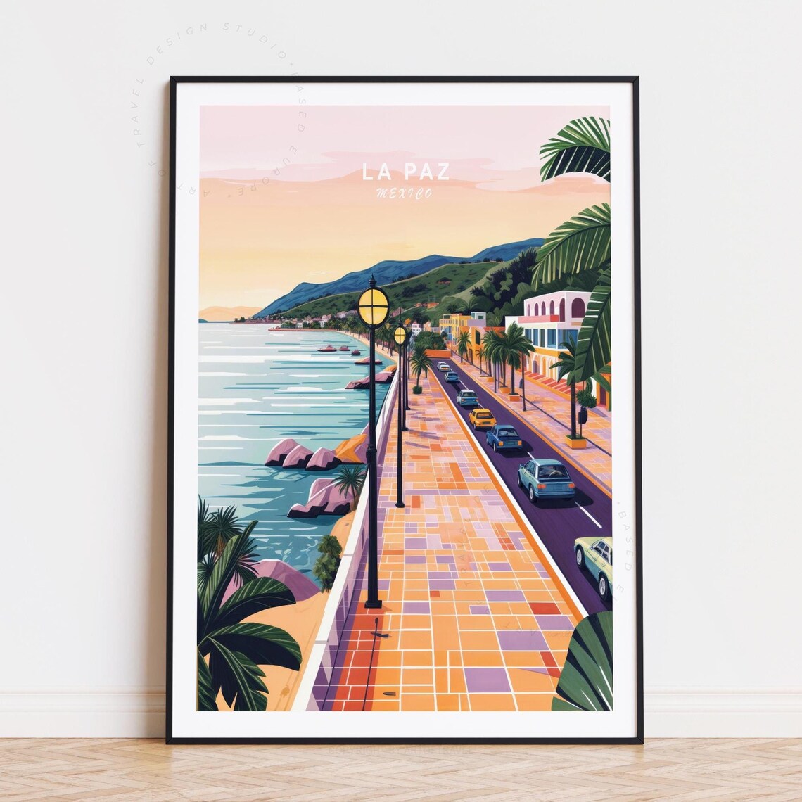 La Paz Mexico Seaside Promenade Palm Trees Sunset Travel Poster