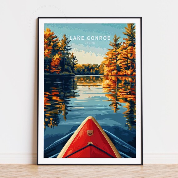 Lake Conroe Texas Red Kayak Autumn Reflection Paddle Travel Poster