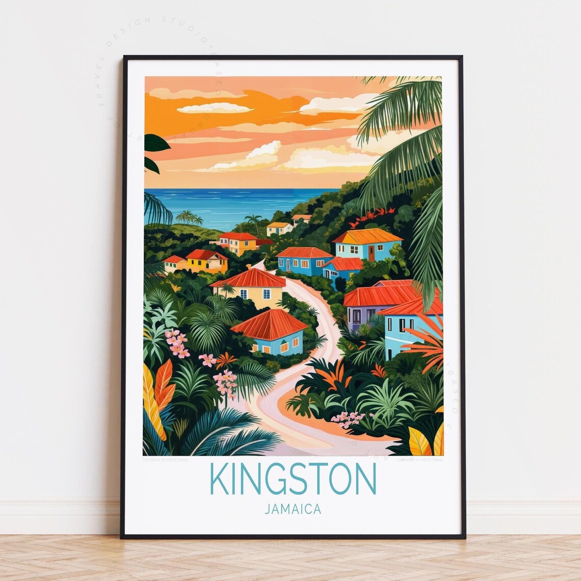 Kingston Jamaica Sunset Village Road Ocean View Tropical Travel Poster