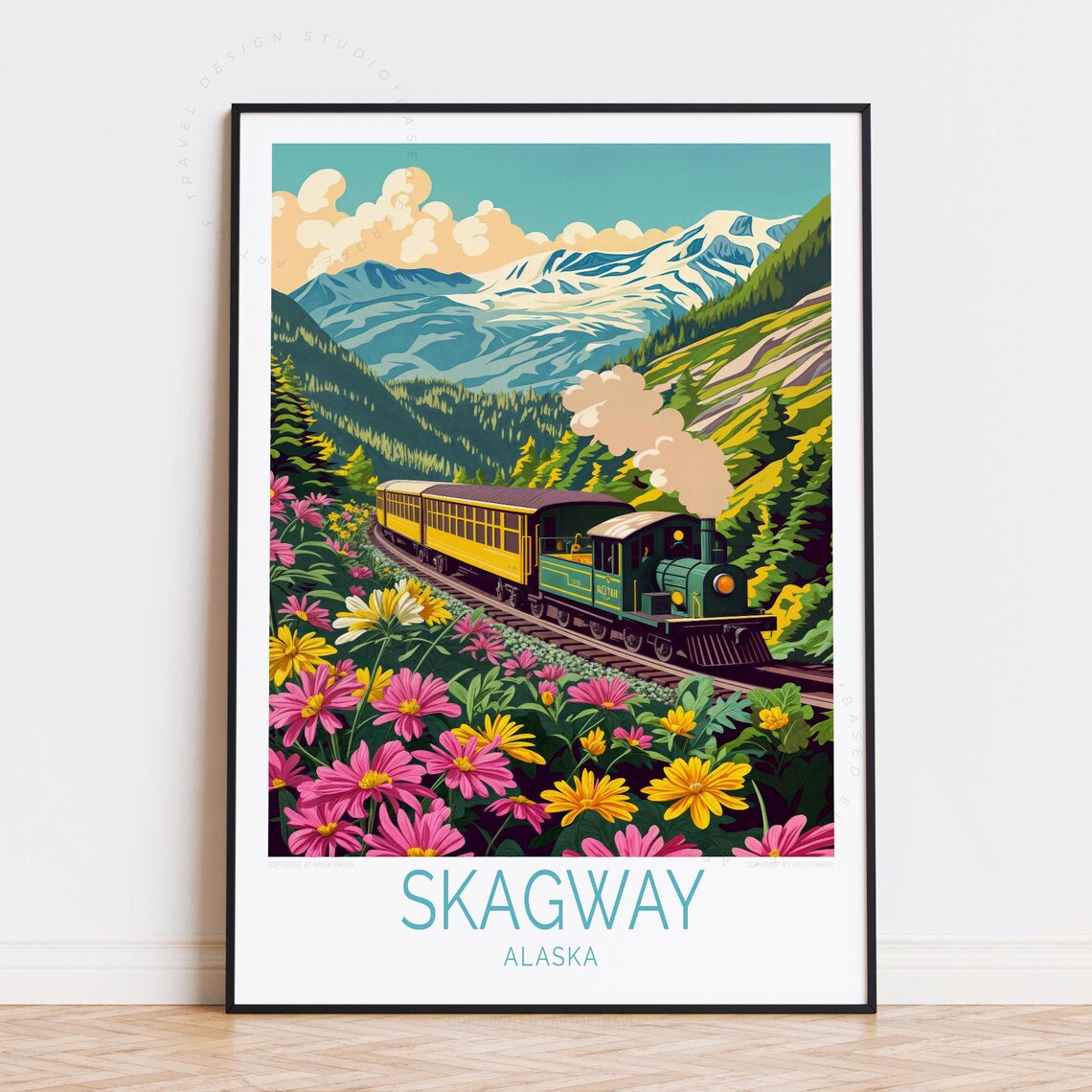 Skagway Alaska Steam Train Wildflowers Snowy Mountains Poster