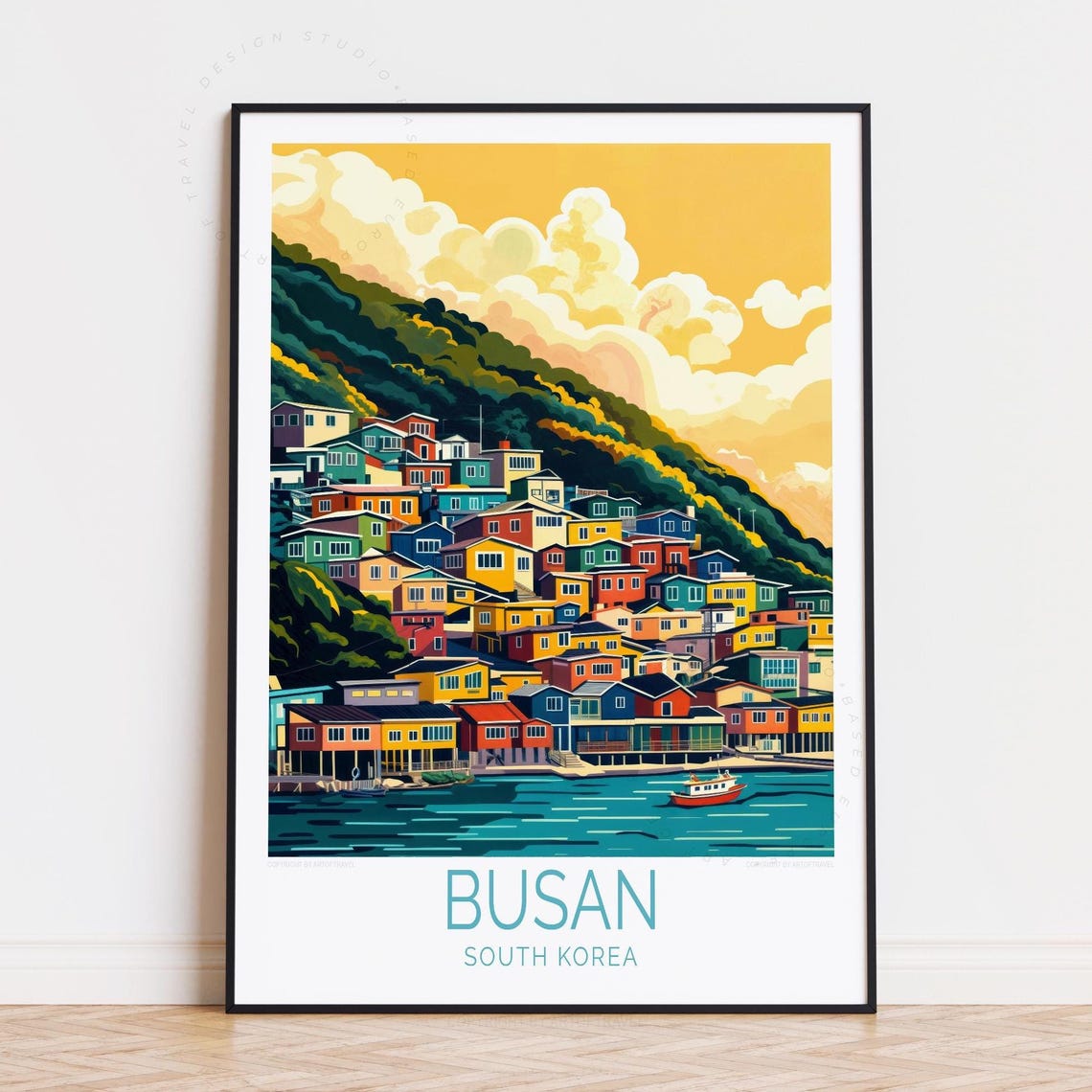 Busan South Korea Sunset Harbor Hillside Homes Travel Poster