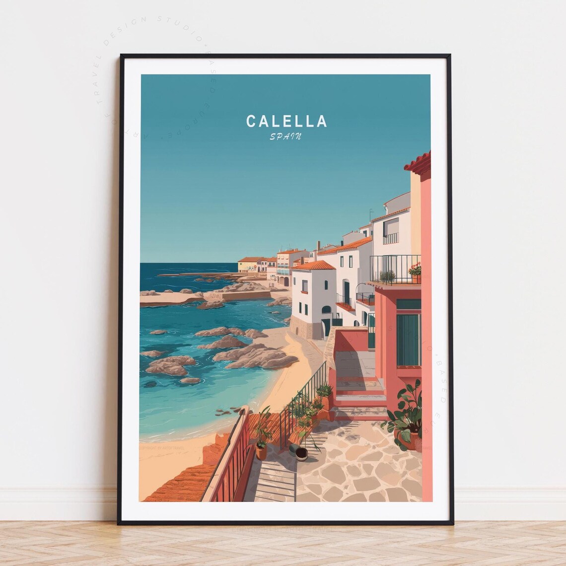 Calella Spain Seaside Terrace Plants Rocky Shore Beach Poster