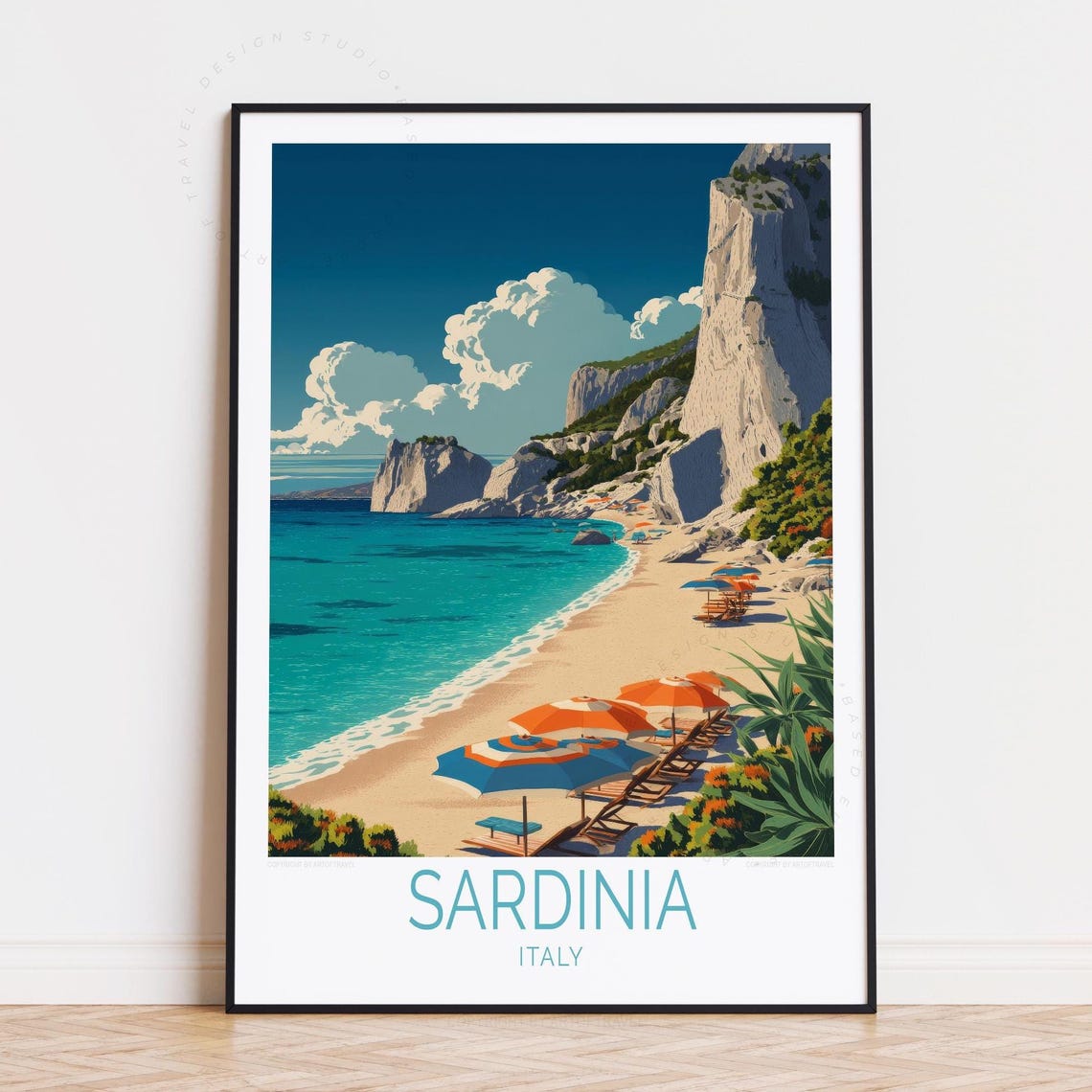 Sardinia Italy Travel Poster Sandy Beach Cliffs Umbrellas Sea Art