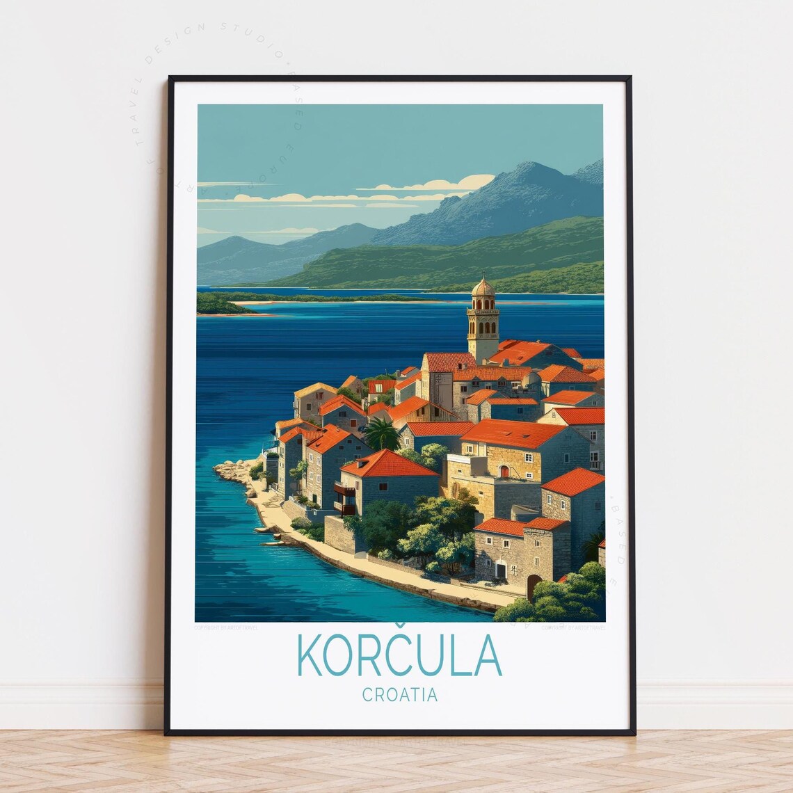 Korcula Croatia Island Town Aerial View Blue Bay Red Roofs Poster