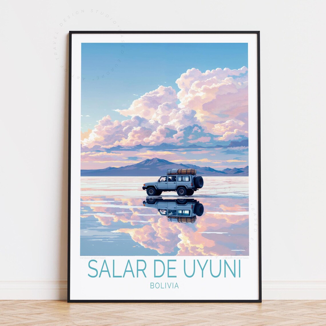 Salar de Uyuni Bolivia Jeep Mirror Salt Flat Retro Travel Poster