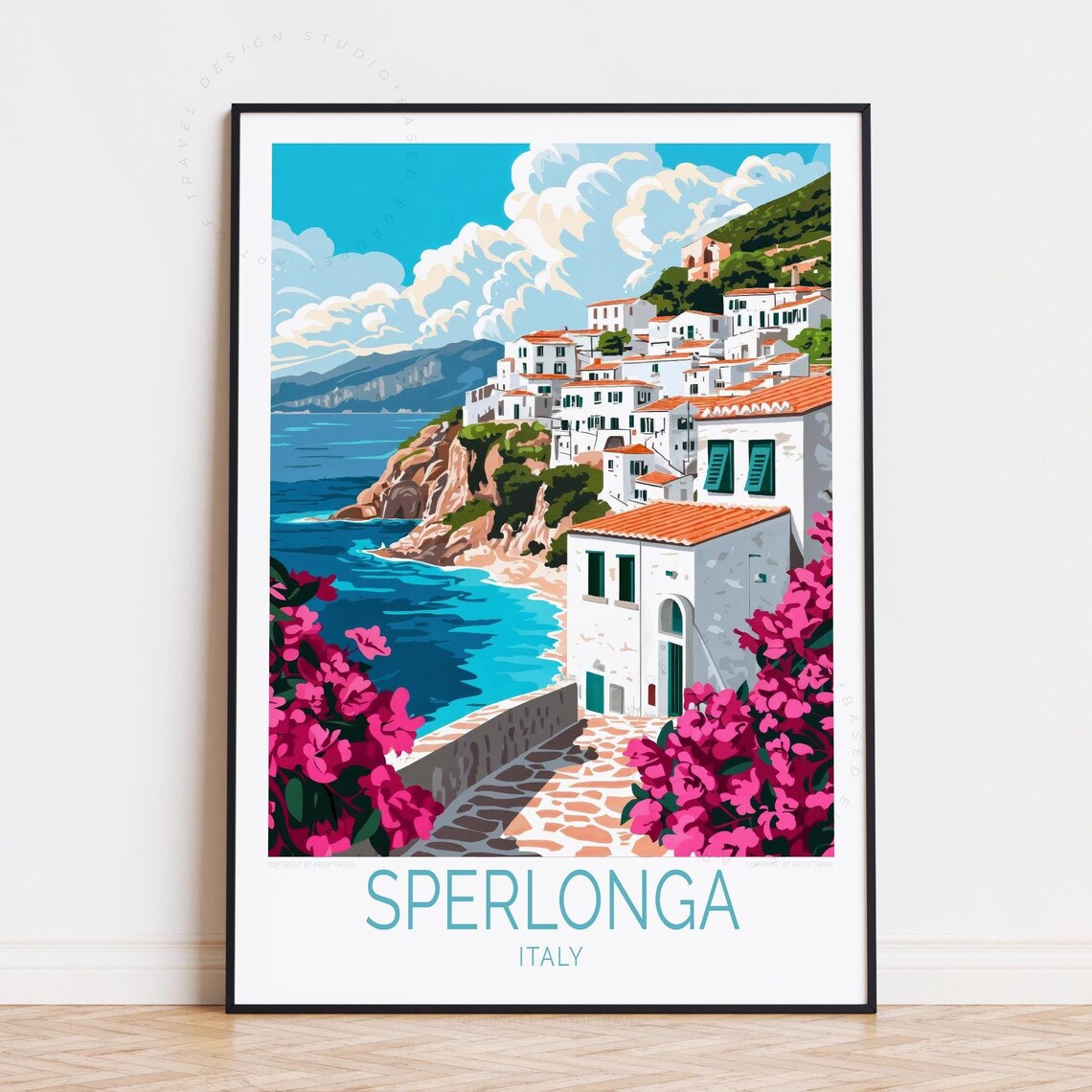 Sperlonga Italy Travel Poster Coastal Cliff Town With Bougainvillea