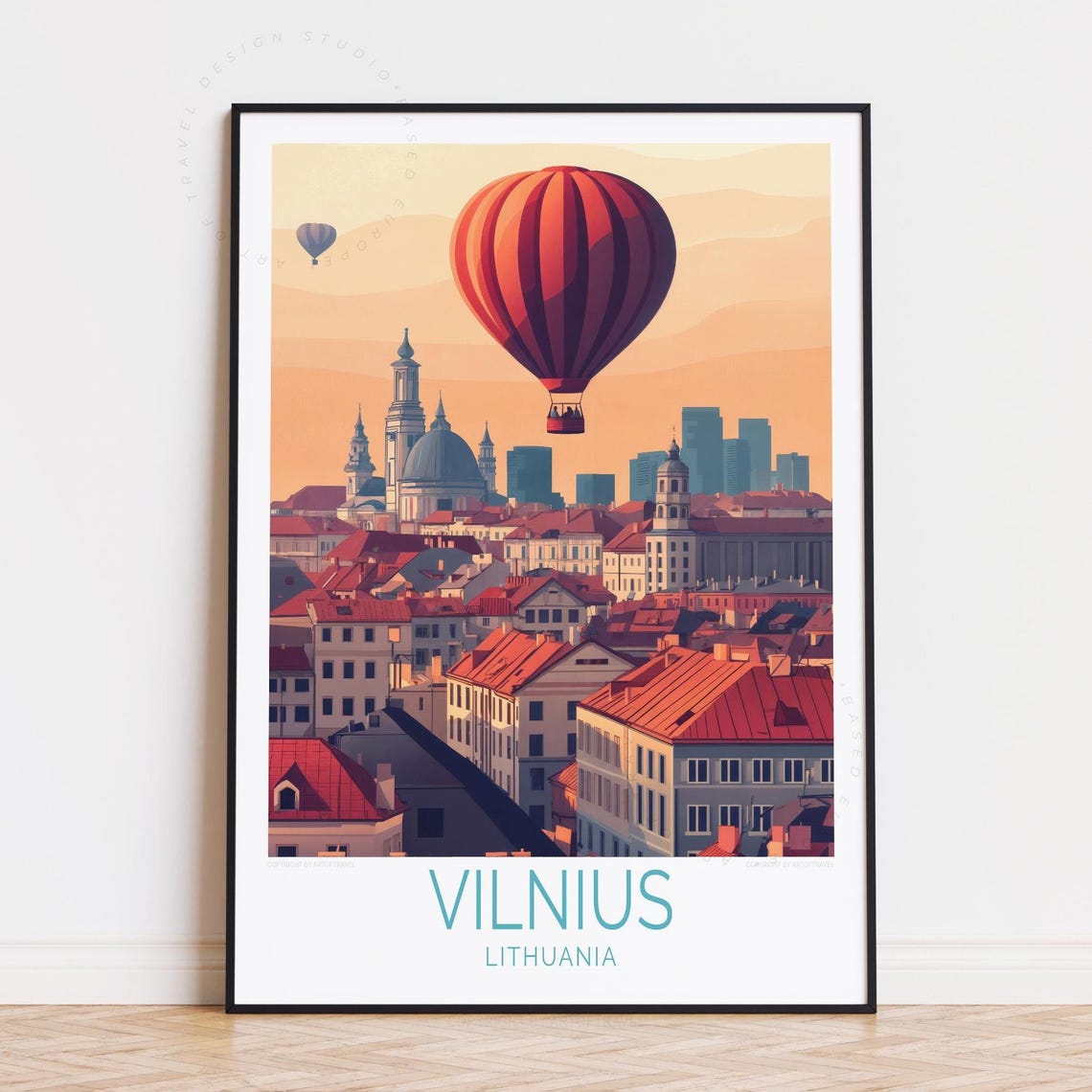 Vilnius Lithuania Skyline Two Hot Air Balloons Old Town View Poster