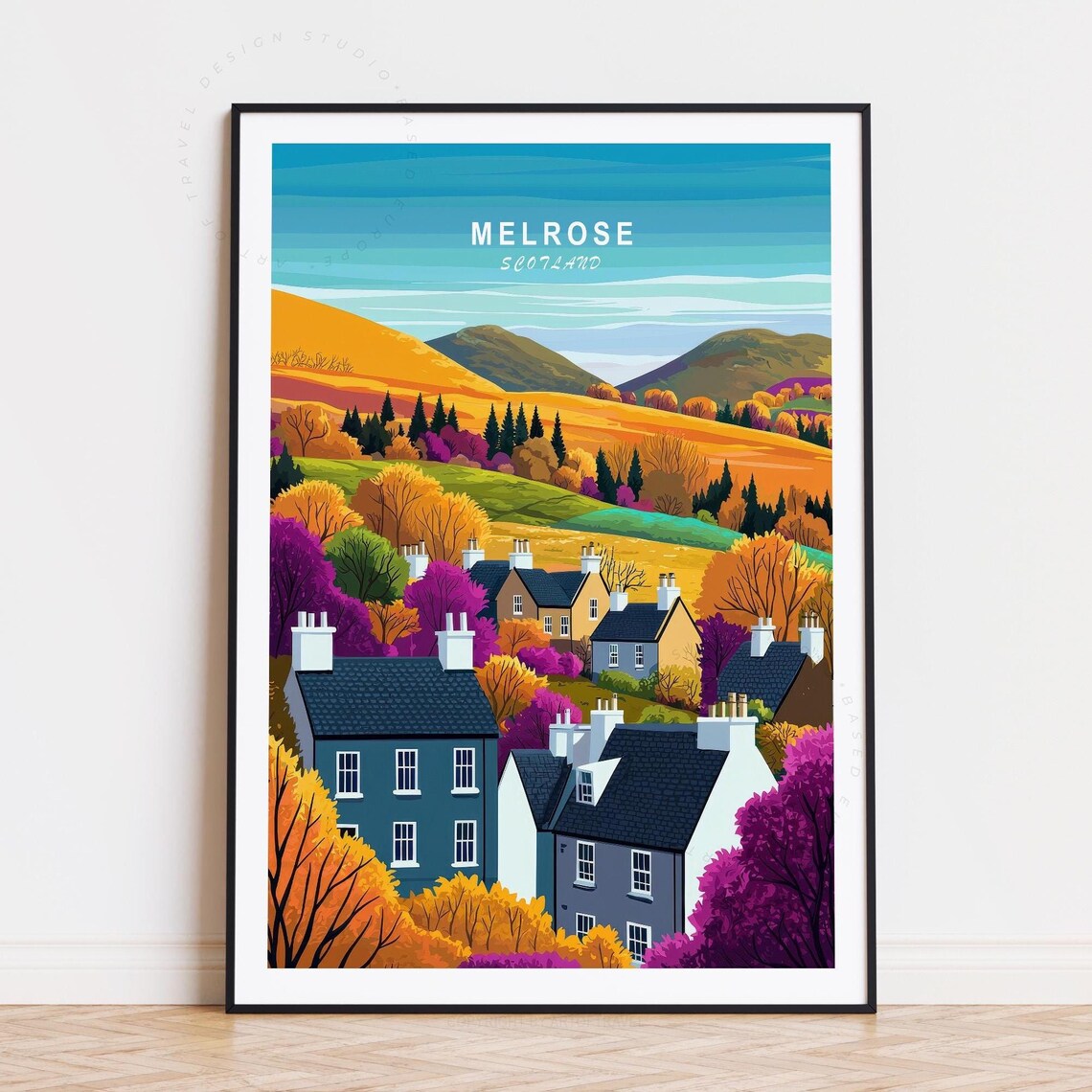 Melrose Scotland Hillside Village Skyline Colorful Travel Art Poster