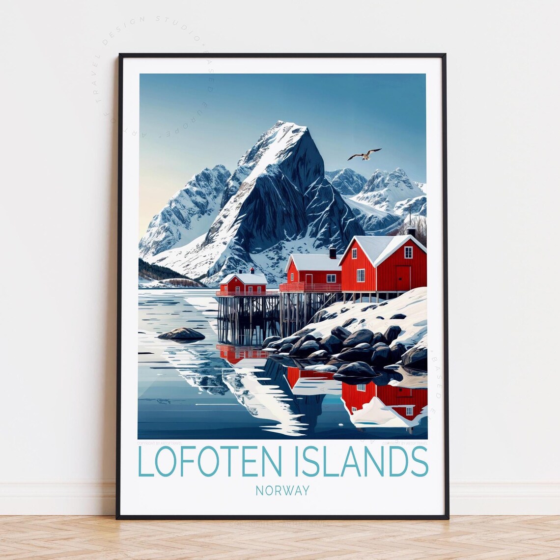 Lofoten Islands Norway Red Cabins Snowy Peak Vintage Travel Poster