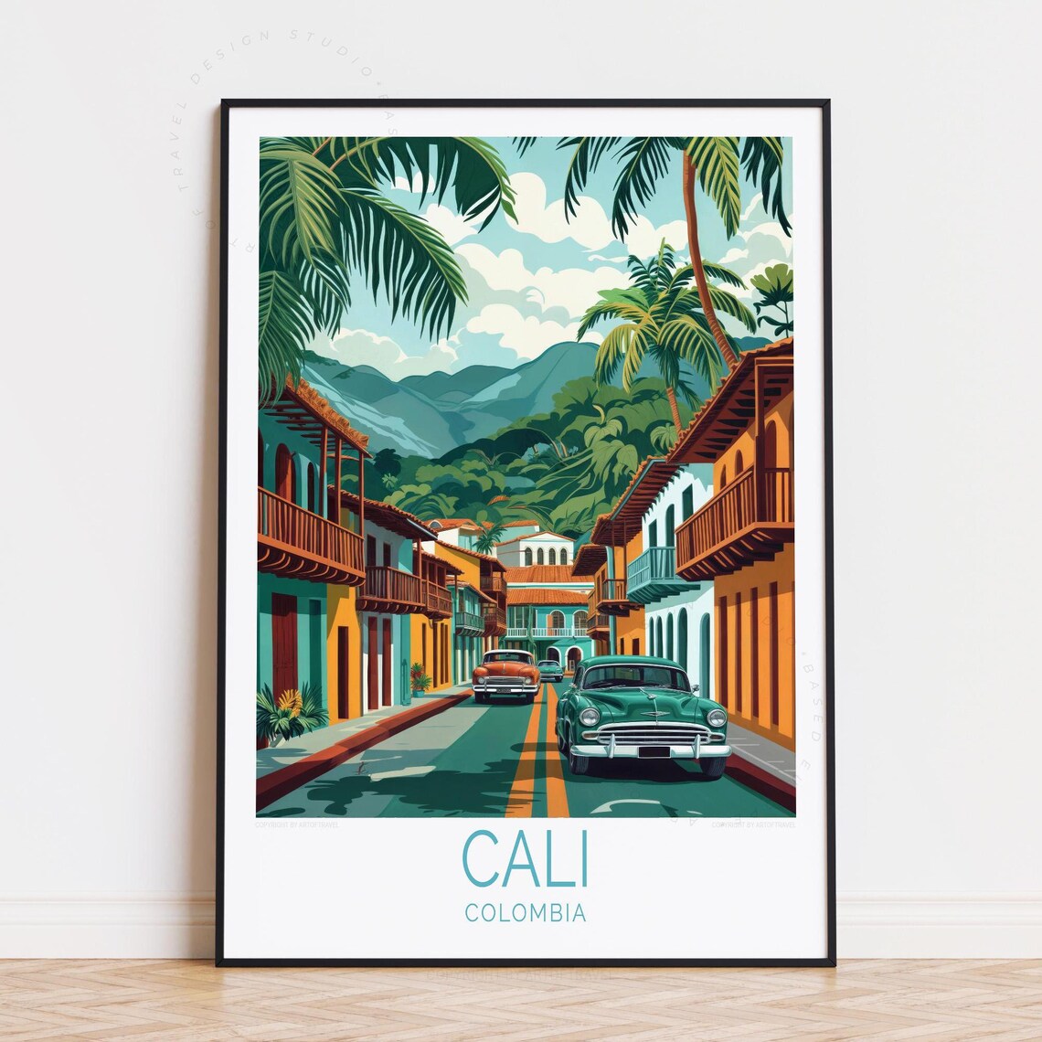 Cali Colombia Colonial Street Classic Vintage Cars Travel Art Poster