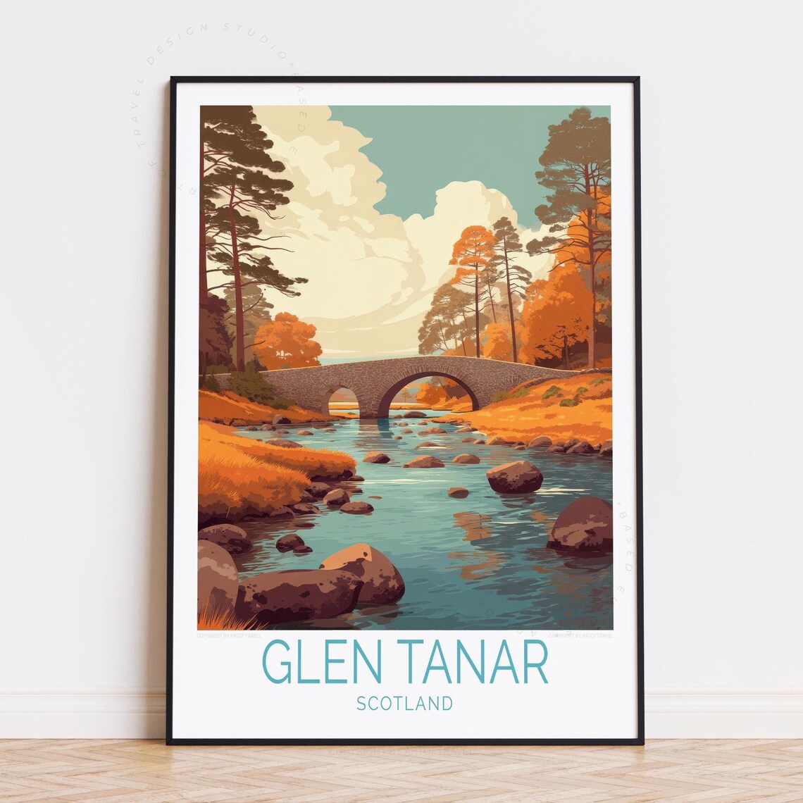 Glen Tanar Scotland Stone Bridge Autumn River Vintage Travel Poster