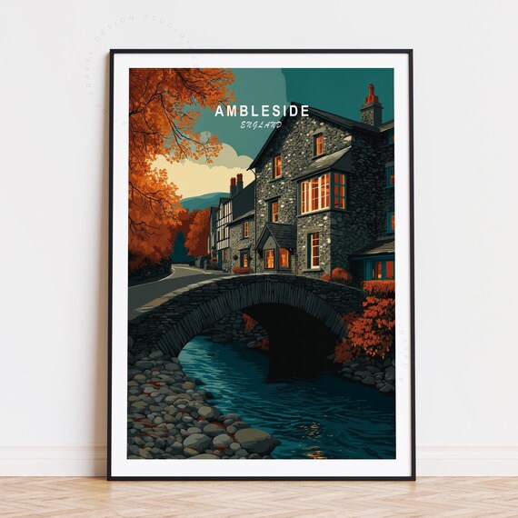 Ambleside England Night Stone Bridge River Cottages Travel Poster