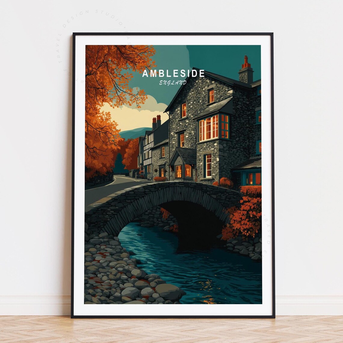 Ambleside England Night Stone Bridge River Cottages Travel Poster