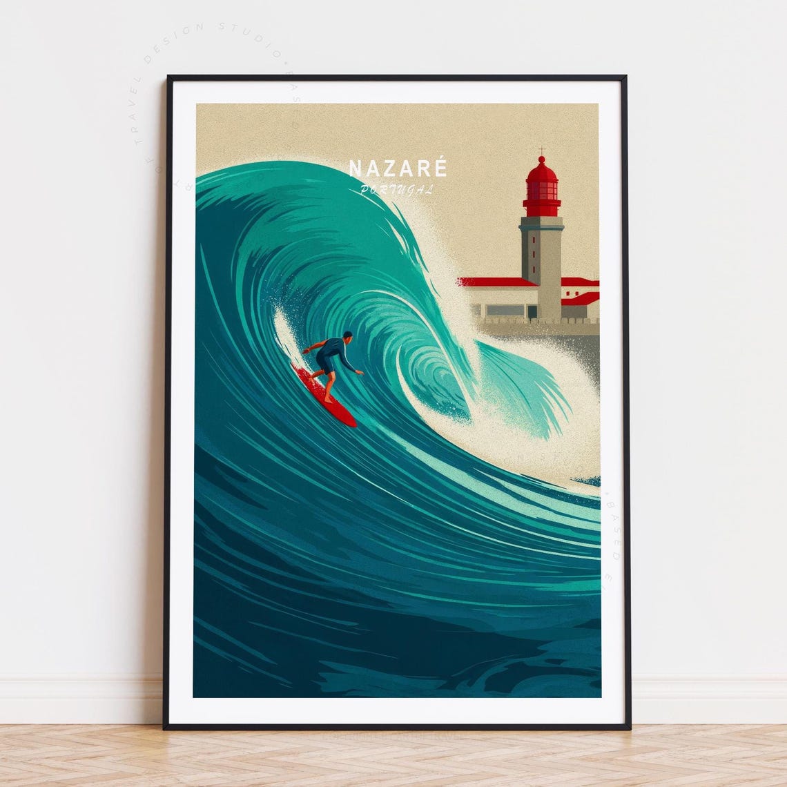 Nazare Portugal Travel Poster Big Wave Surfer Red Lighthouse Art