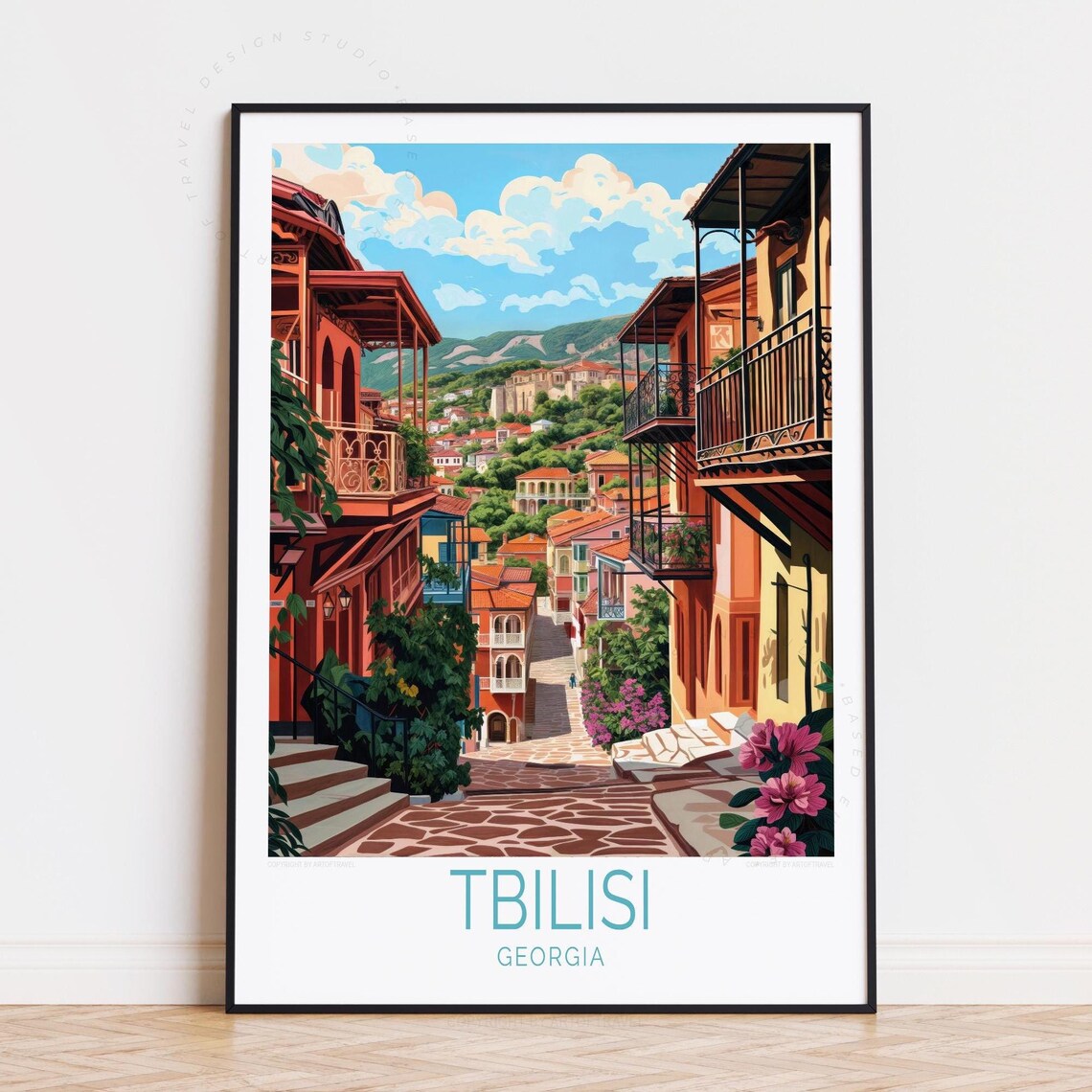 Tbilisi Georgia Old Town Balcony Street Vintage Travel Poster