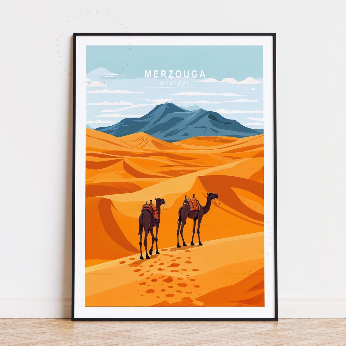 Merzouga Morocco Sahara Dunes Camels Vintage Desert Travel Art Poster