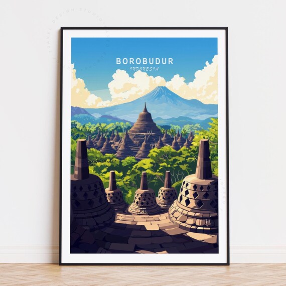 Borobudur Indonesia Ancient Temple Stupas Jungle Volcano Travel Poster