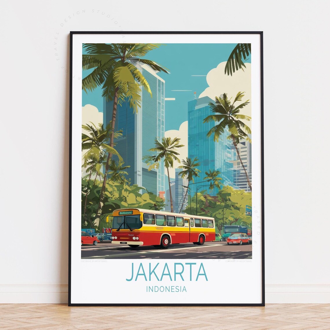 Jakarta Indonesia Vintage Red City Bus Palms Skyline Towers Poster