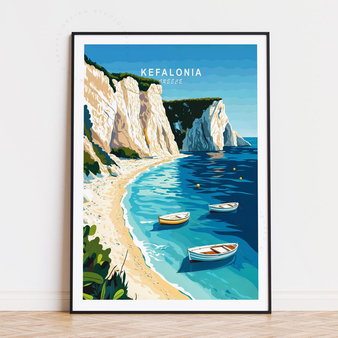 Retro Kefalonia Greece White Cliffs Turquoise Bay Travel Poster