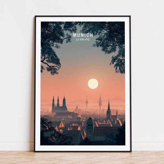 Munich Germany Orange Sunset Skyline with Twin Cathedral Domes Poster