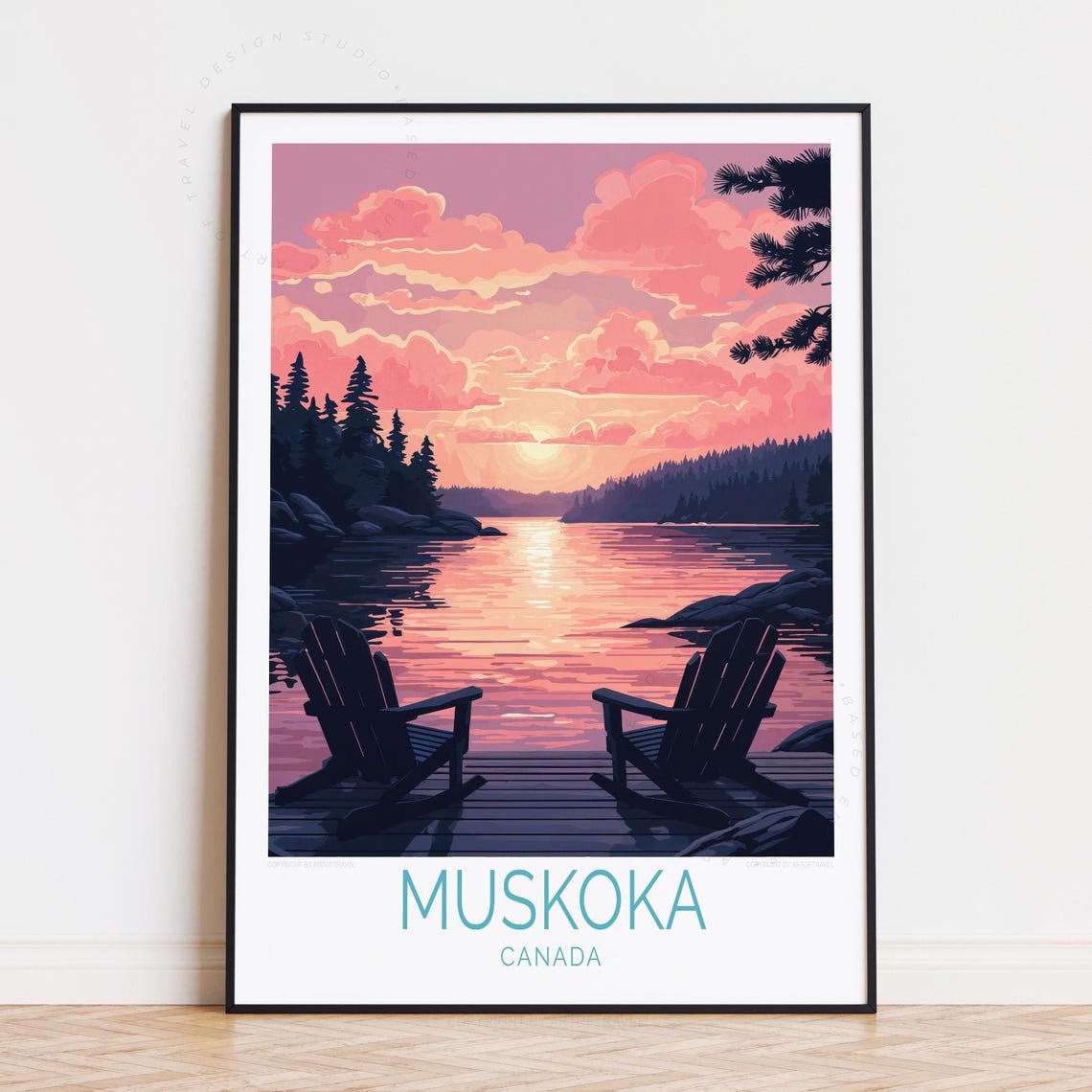 Muskoka Canada Sunset Dock Adirondack Chairs Pink Sky Poster