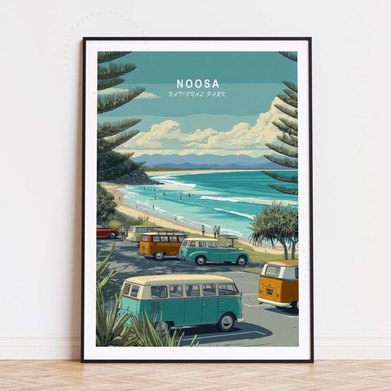 Noosa National Park Retro Surf Van Beach Scene Travel Art Poster